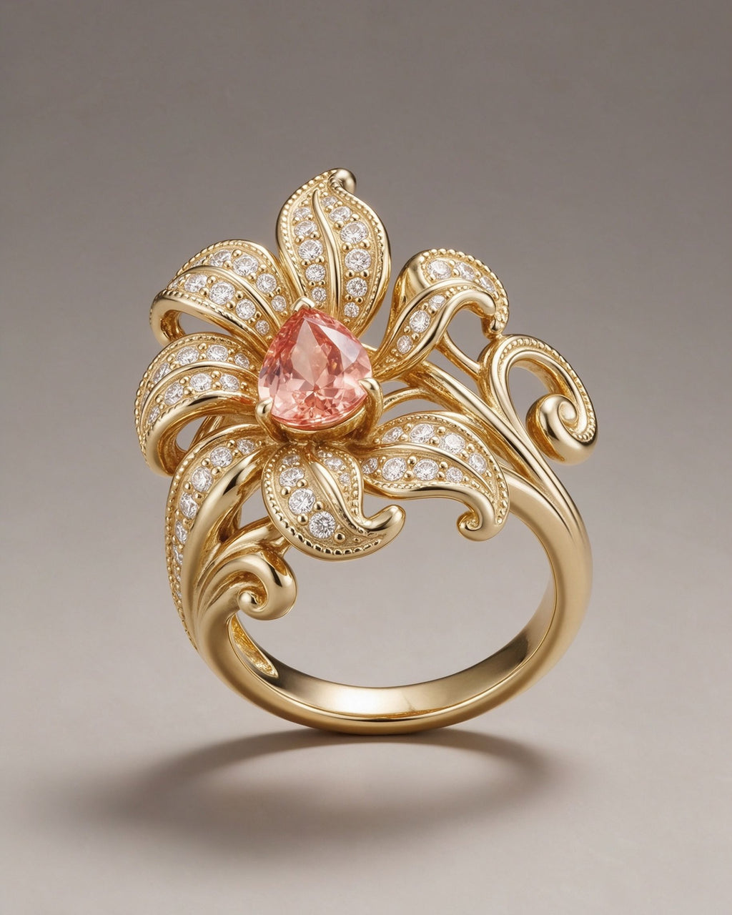The Éclose Ring in 18K yellow gold-finished sterling silver, an Art Nouveau flower ring with a pink-orange pear moissanite and pavé white moissanite petals, front view