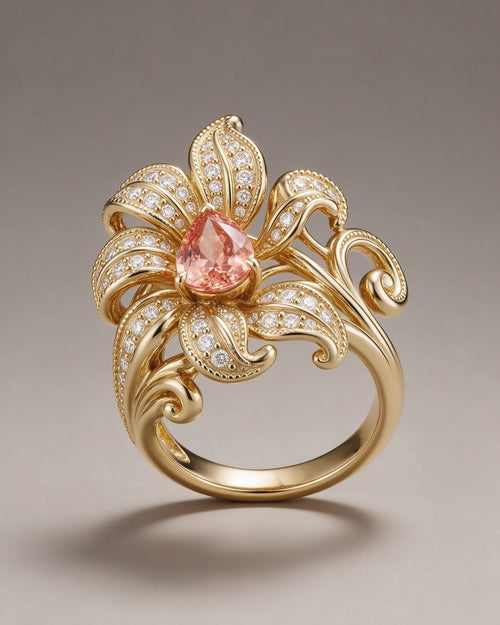 The Éclose Ring in 18K yellow gold-finished sterling silver, an Art Nouveau flower ring with a pink-orange pear moissanite and pavé white moissanite petals, front view