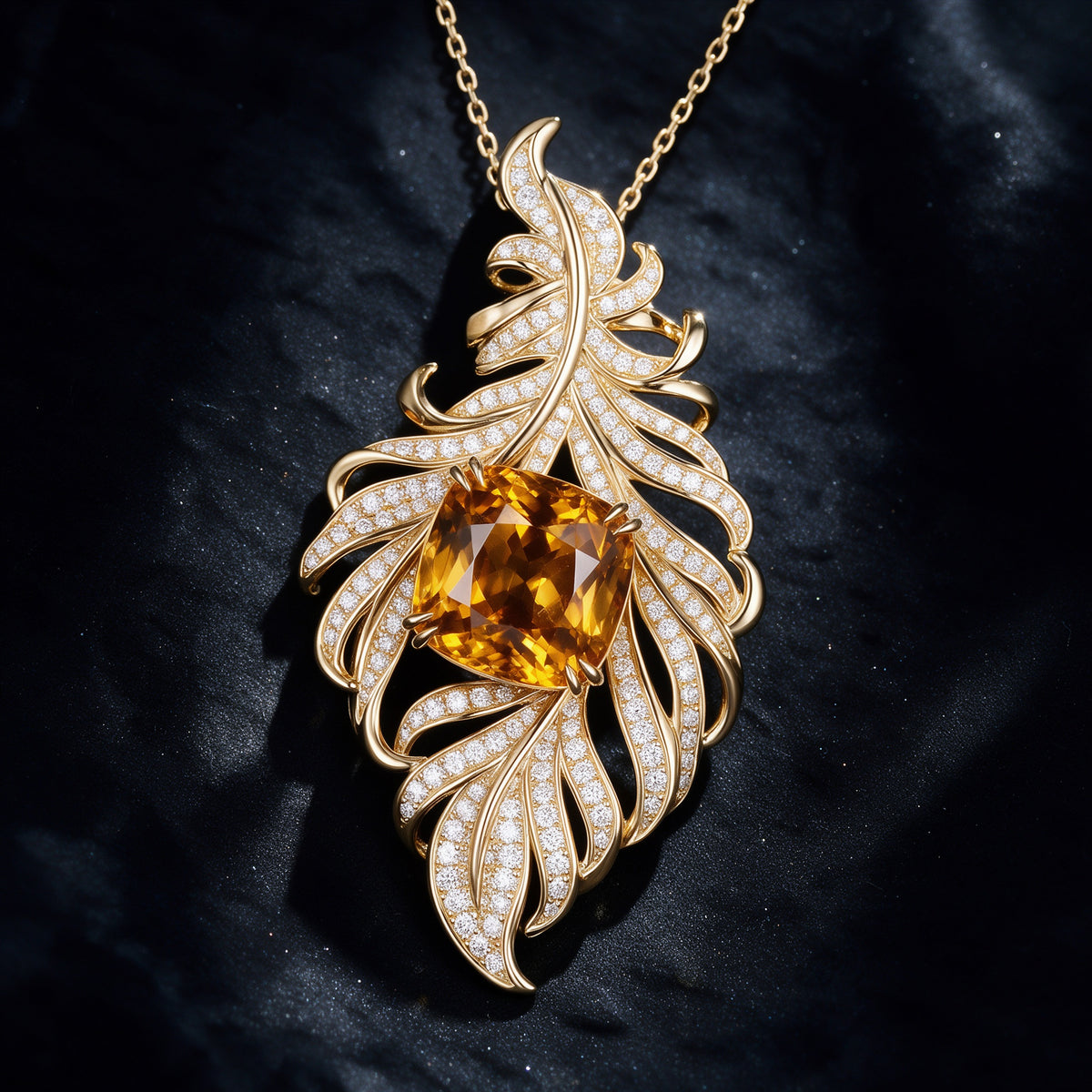 The Aurelia Pendant — 18K Gold Vermeil Artistic Feather with Cushion Golden Lab Sapphire