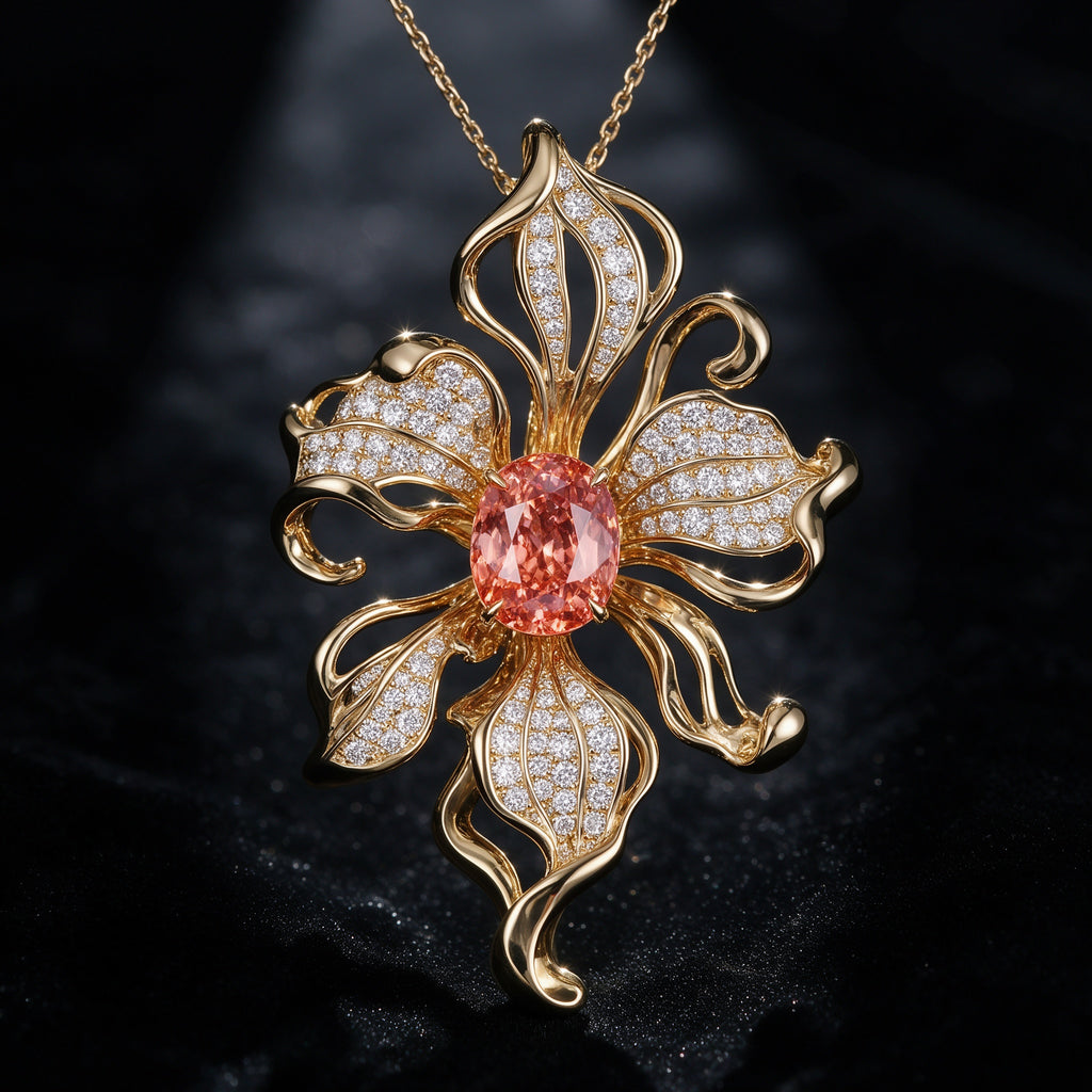 The Orchid Pendant — 18K Gold Vermeil Artistic Orchid with Padparadscha Pink Lab Sapphire