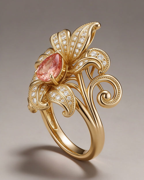 The Éclose Ring, side view showing the open gallery setting and the sculpted, pavé-set petals