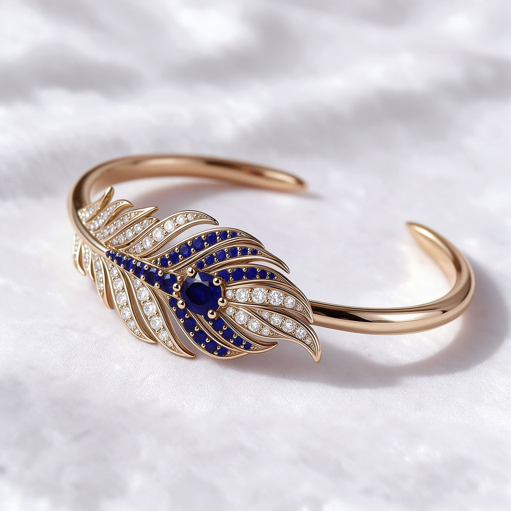 The Plume Cuff — 18K Gold Vermeil Feather Bangle with Royal Blue Lab Sapphire