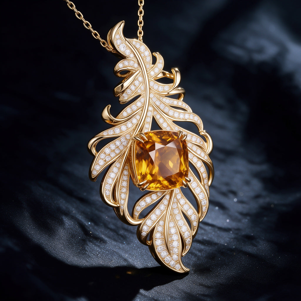 The Aurelia Pendant — 18K Gold Vermeil Artistic Feather with Cushion Golden Lab Sapphire