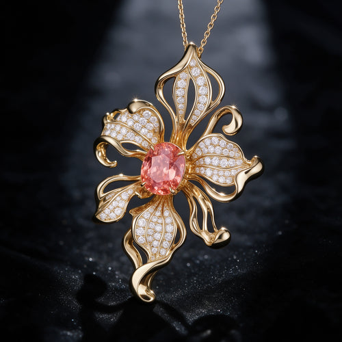 The Orchid Pendant — 18K Gold Vermeil Artistic Orchid with Padparadscha Pink Lab Sapphire
