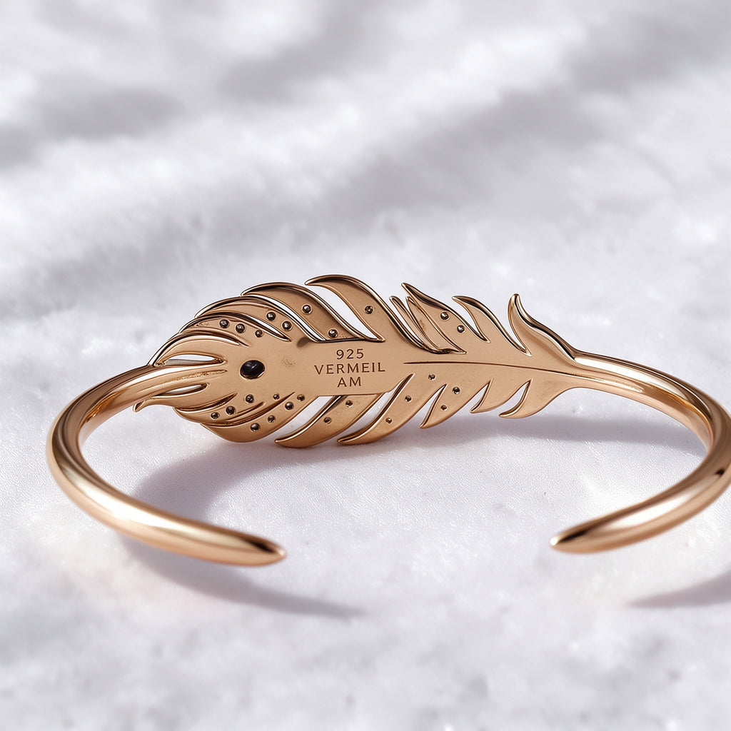 The Plume Cuff — 18K Gold Vermeil Feather Bangle with Royal Blue Lab Sapphire