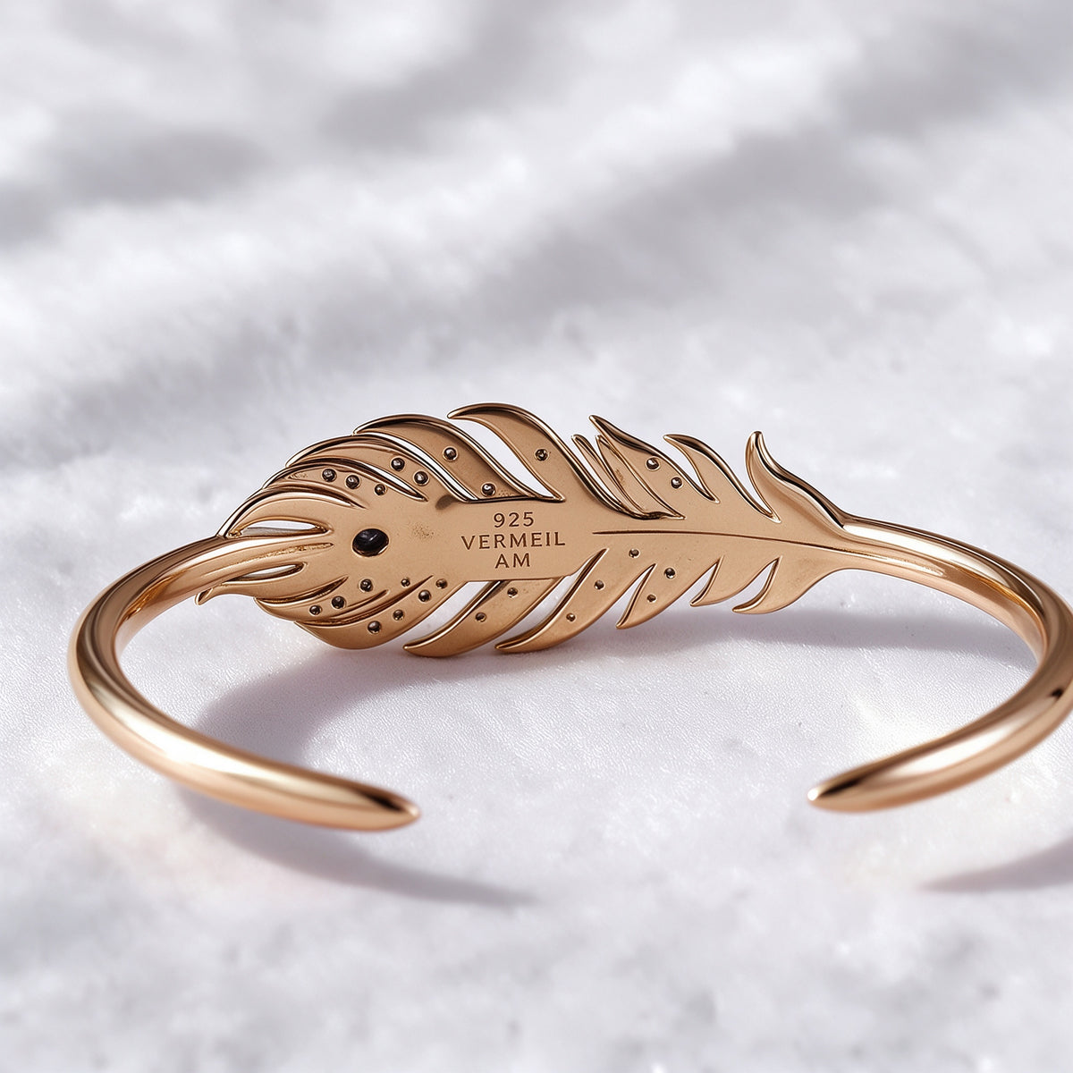 The Plume Cuff — 18K Gold Vermeil Feather Bangle with Royal Blue Lab Sapphire