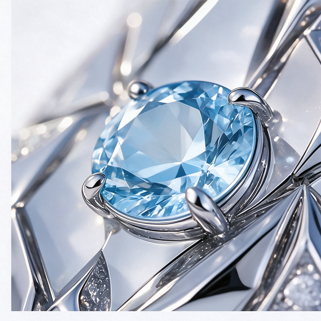 Extreme macro of The Glacier Pendant's pale ice-blue round moissanite in a four-prong setting, showing its facets and cool fire