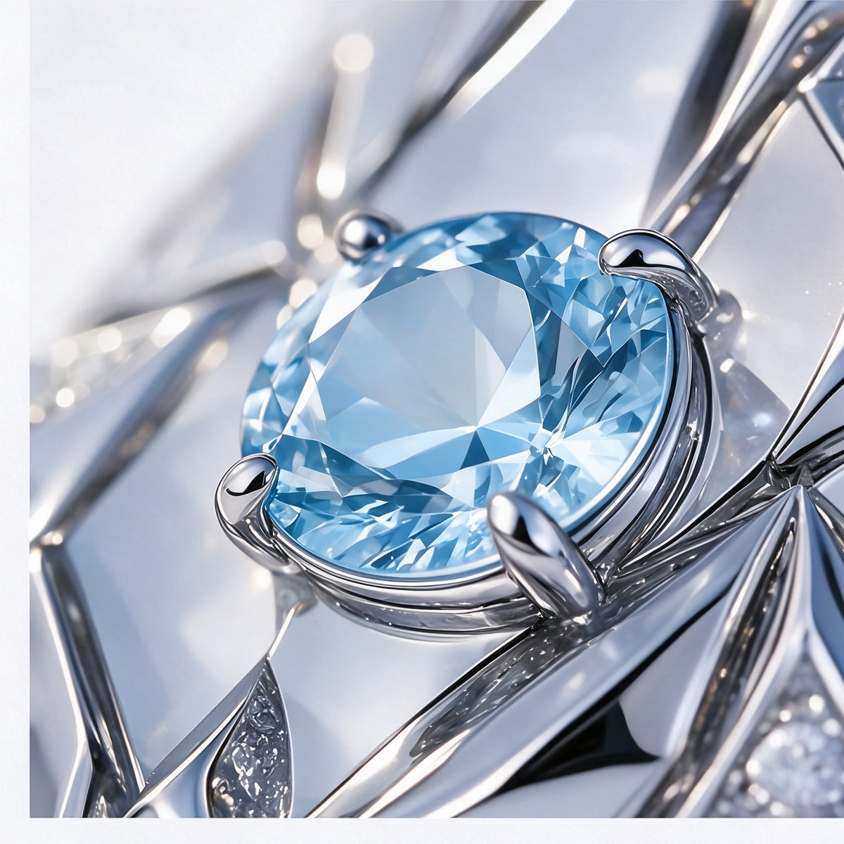 Extreme macro of The Glacier Pendant's pale ice-blue round moissanite in a four-prong setting, showing its facets and cool fire