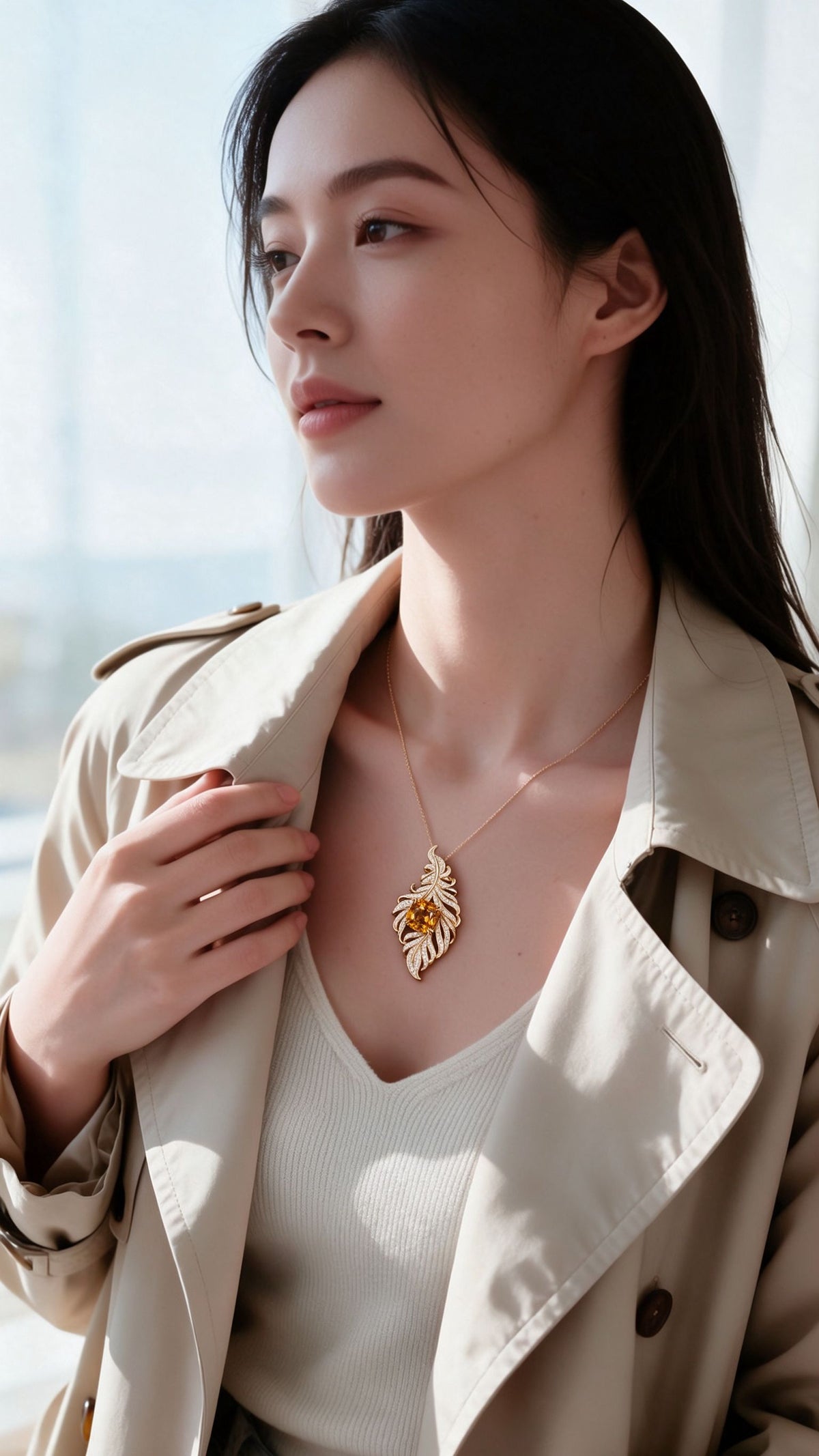 The Aurelia Pendant — 18K Gold Vermeil Artistic Feather with Cushion Golden Lab Sapphire