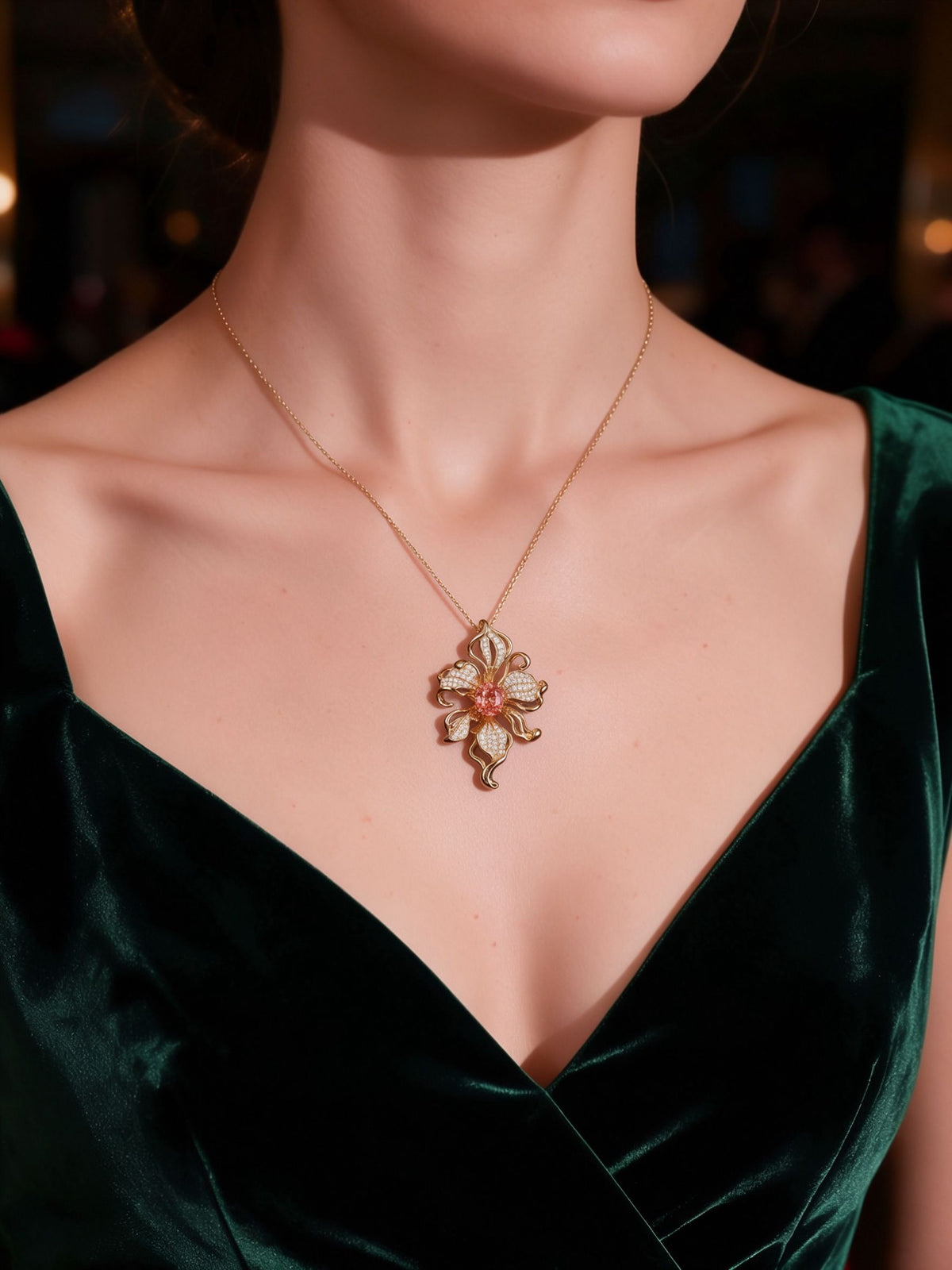The Orchid Pendant — 18K Gold Vermeil Artistic Orchid with Padparadscha Pink Lab Sapphire