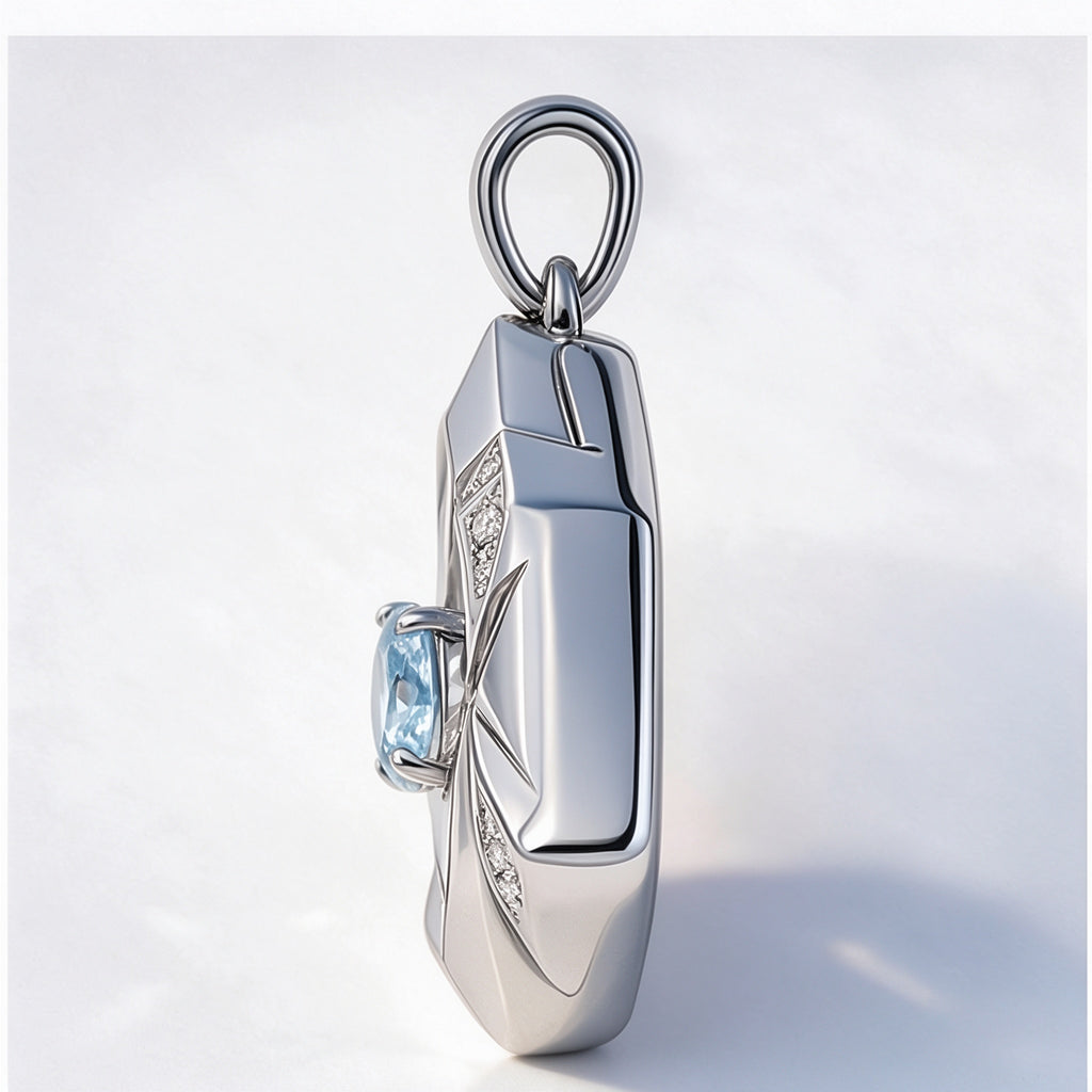 The Glacier Pendant, side view showing its substantial sculpted thickness, the bail and the profile of the centre stone