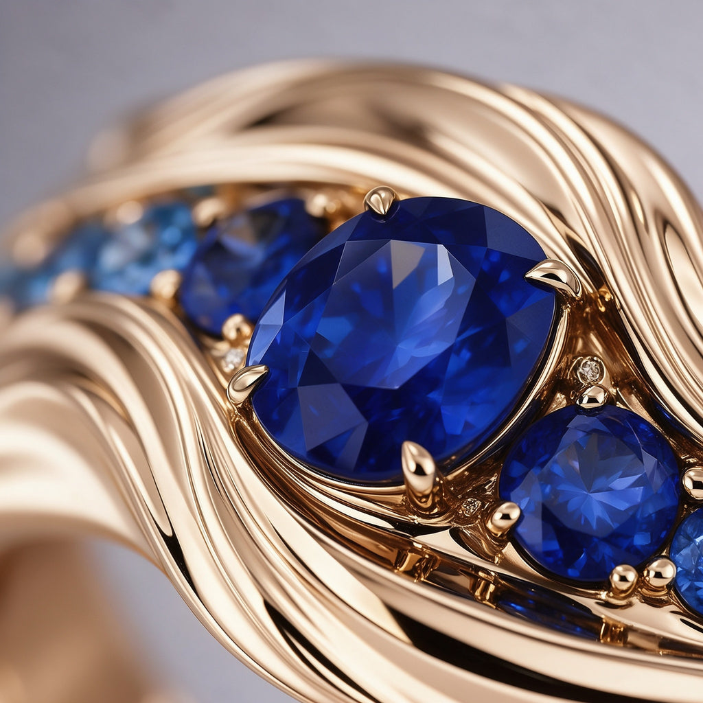 Extreme macro of The Nereid Cuff's royal-blue sapphire centre stone in its setting, showing facets and blue fire