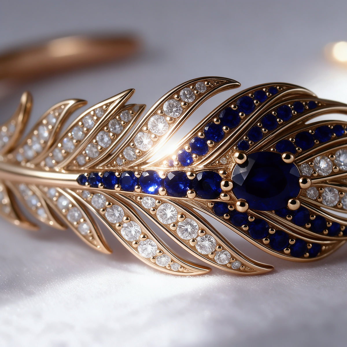 The Plume Cuff — 18K Gold Vermeil Feather Bangle with Royal Blue Lab Sapphire