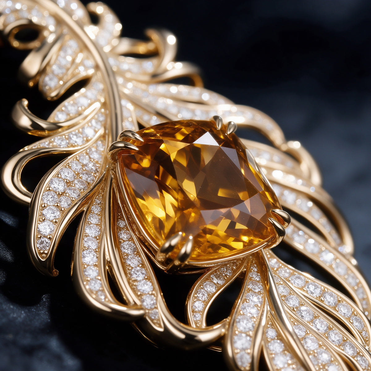 The Aurelia Pendant — 18K Gold Vermeil Artistic Feather with Cushion Golden Lab Sapphire