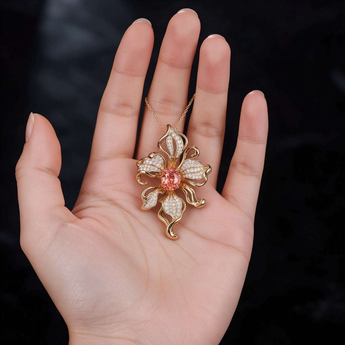The Orchid Pendant — 18K Gold Vermeil Artistic Orchid with Padparadscha Pink Lab Sapphire