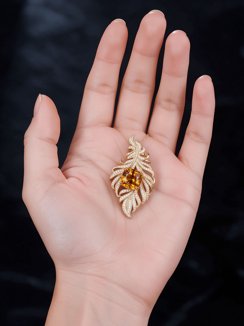 The Aurelia Pendant — 18K Gold Vermeil Artistic Feather with Cushion Golden Lab Sapphire