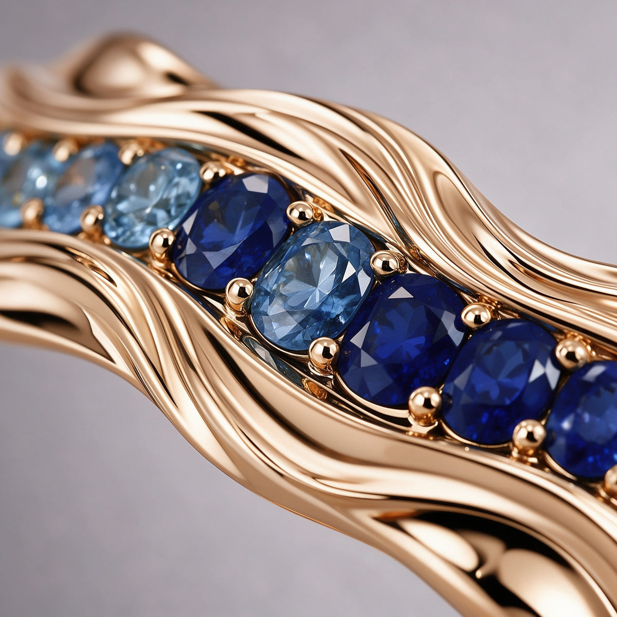Macro of The Nereid Cuff's hand-set blue sapphire gradient, pale sky to royal blue, each stone in its own seat