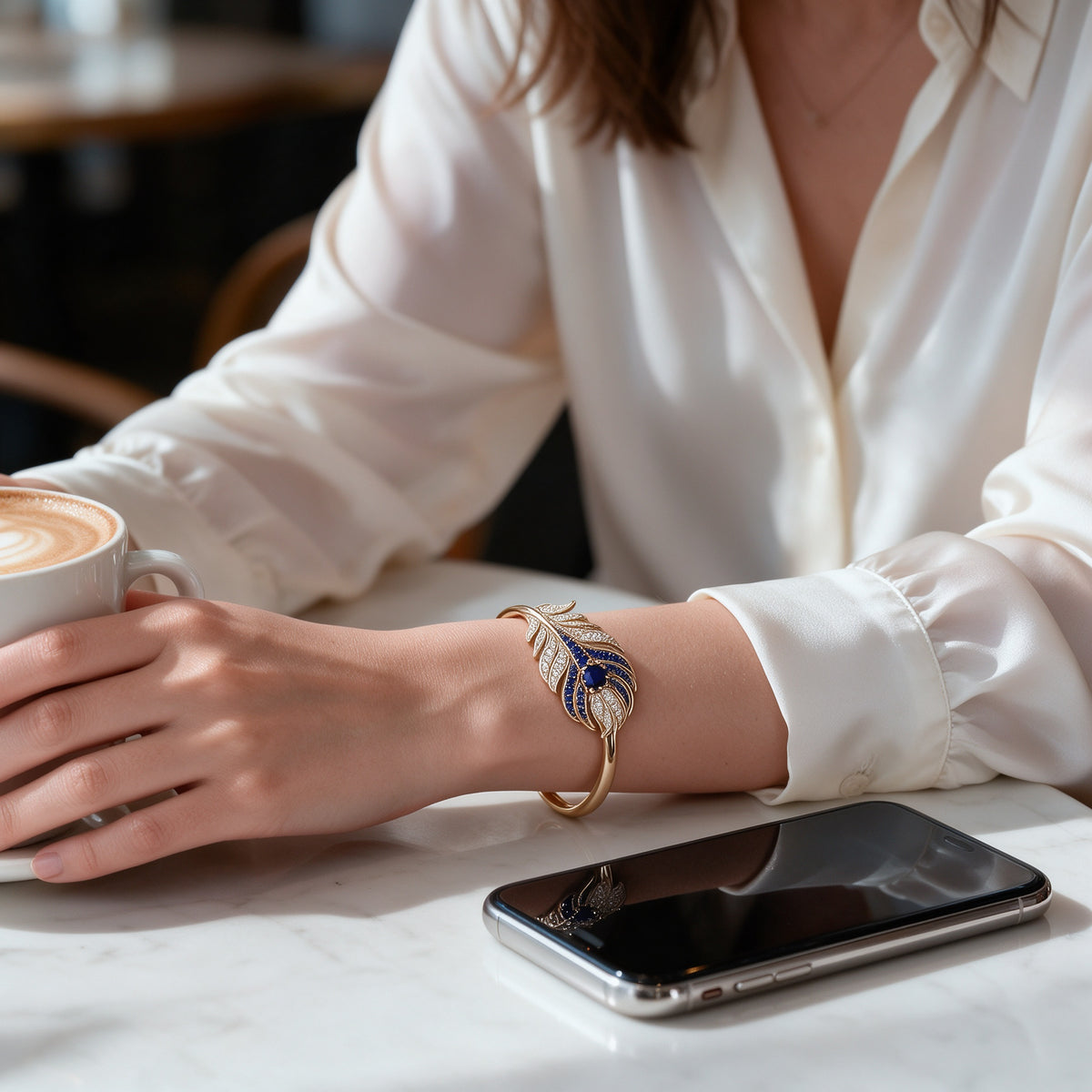 The Plume Cuff — 18K Gold Vermeil Feather Bangle with Royal Blue Lab Sapphire