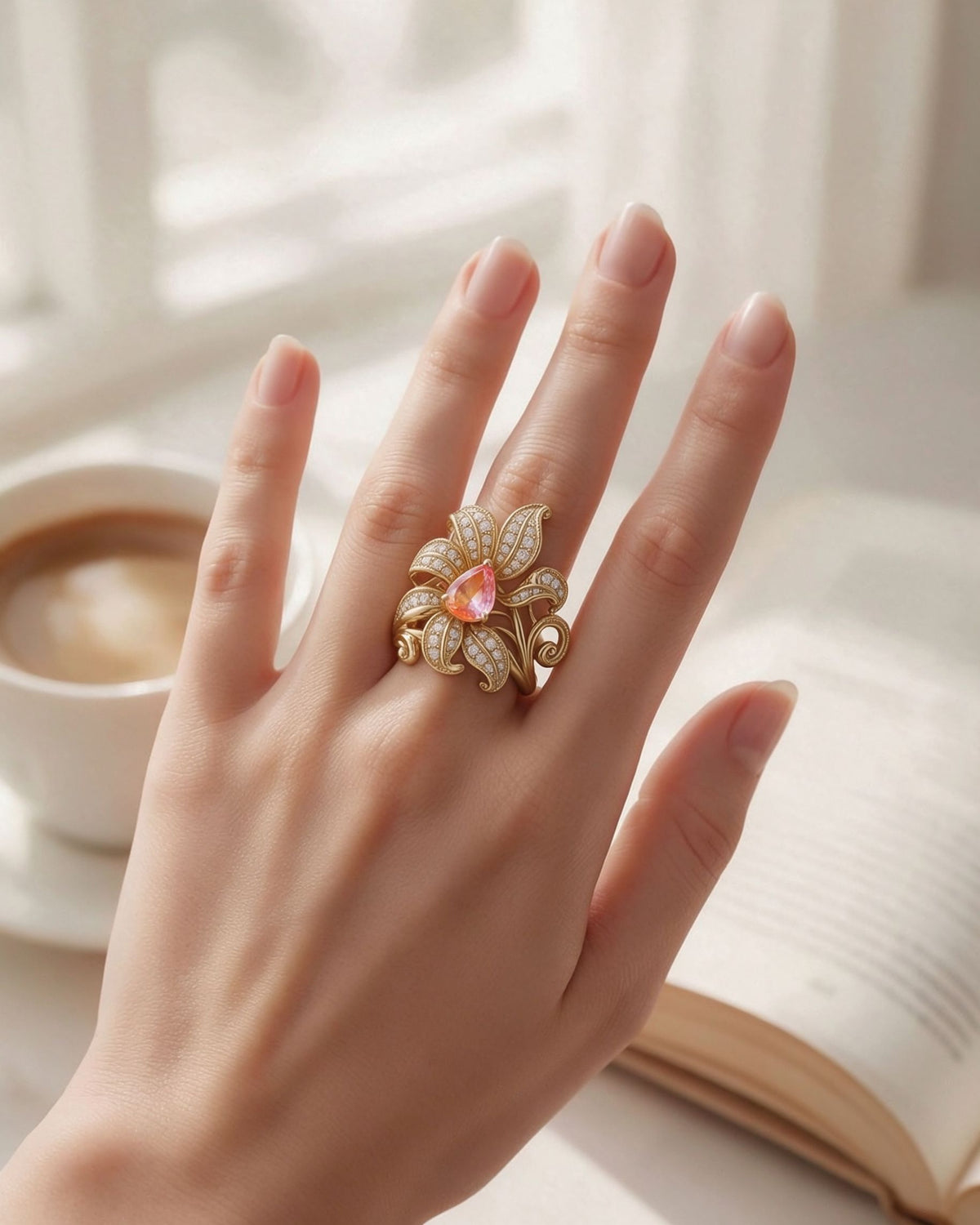 The Éclose Ring in 18K yellow gold worn on the middle finger over morning coffee by a window, showing its true scale on the hand