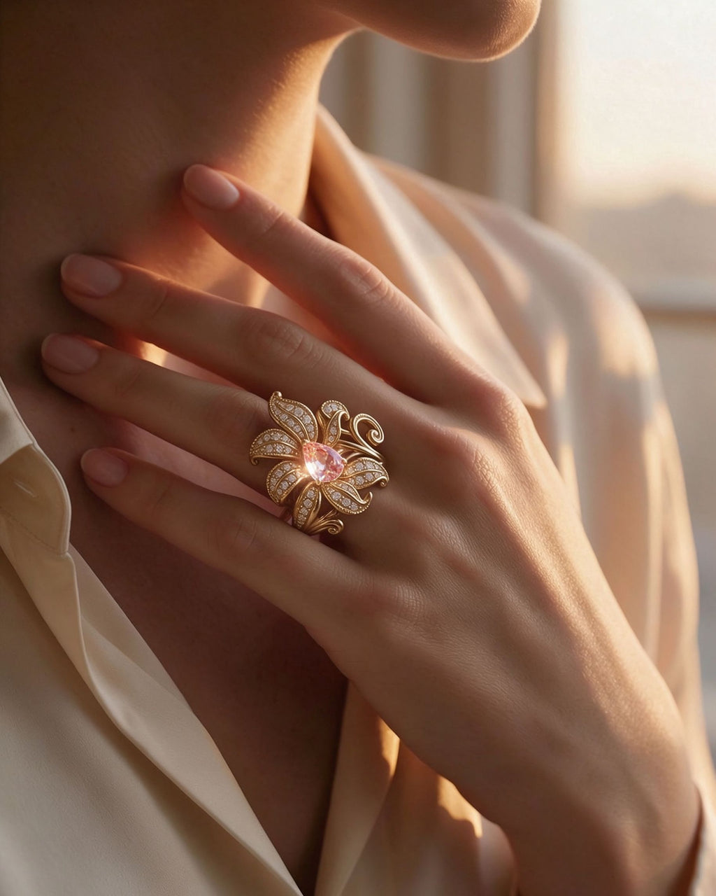 The Éclose Ring worn at golden hour, hand resting near the collarbone in a natural three-quarter everyday view