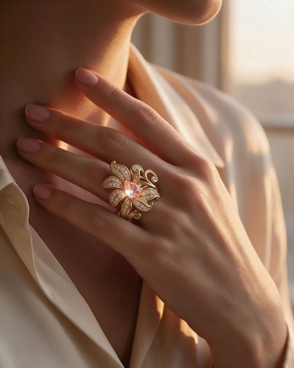 The Éclose Ring worn at golden hour, hand resting near the collarbone in a natural three-quarter everyday view