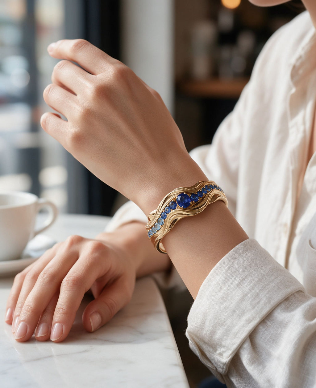 The Nereid Cuff worn in a bright cafe with a white linen shirt and coffee, the wave cuff resting naturally on the wrist