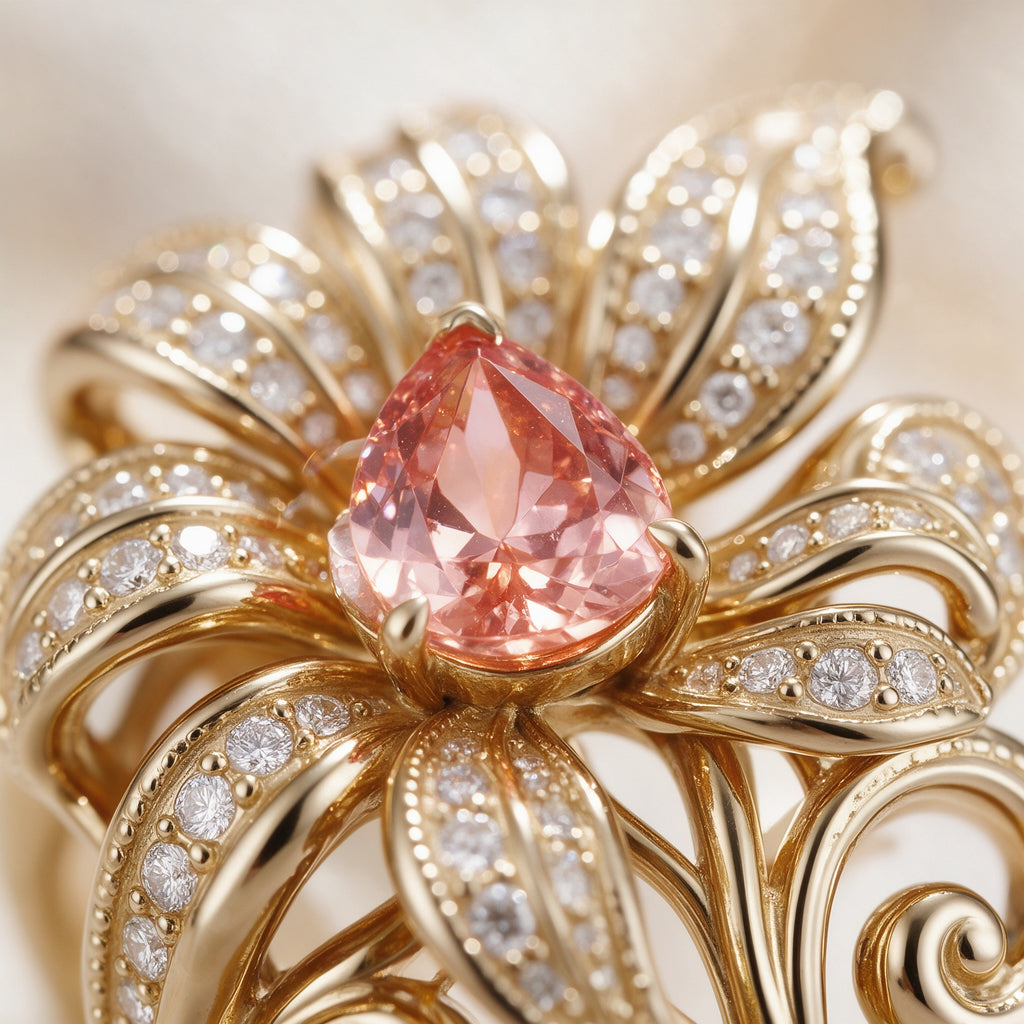 Extreme macro of the Éclose Ring, the pink-orange pear moissanite and twin-row pavé white moissanite petals edged with fine milgrain