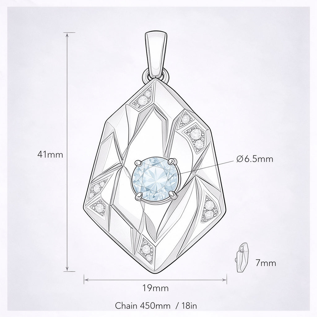 The Glacier Pendant dimension diagram showing overall height, width, centre-stone diameter and chain length