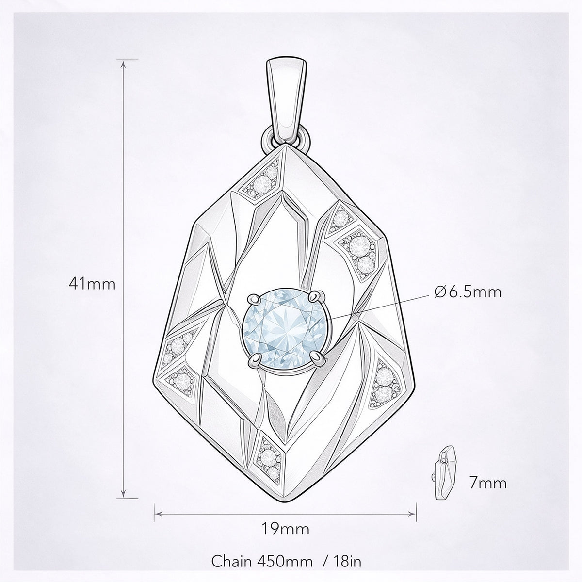 The Glacier Pendant dimension diagram showing overall height, width, centre-stone diameter and chain length