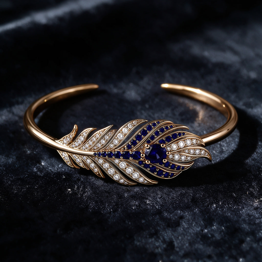 The Plume Cuff — 18K Gold Vermeil Feather Bangle with Royal Blue Lab Sapphire