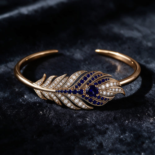 The Plume Cuff — 18K Gold Vermeil Feather Bangle with Royal Blue Lab Sapphire